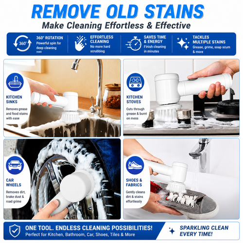 Electric Spin Cleaning Brush with 5 Replaceable Heads | Deep Cleaning Made Easy
