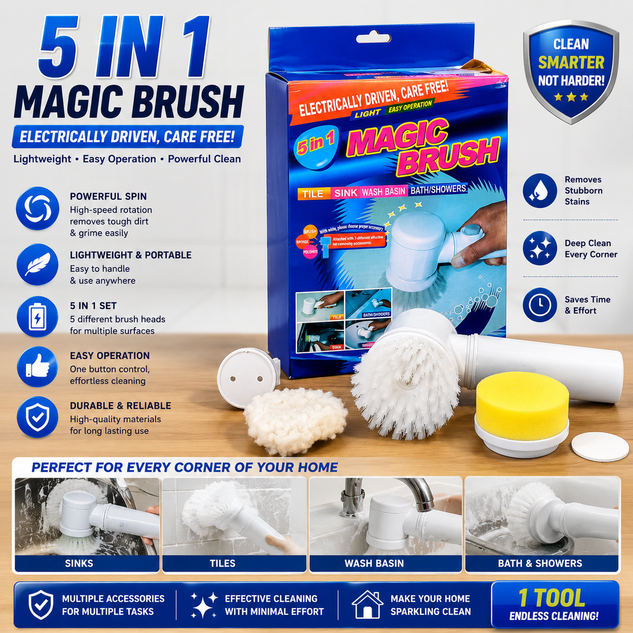 Electric Spin Cleaning Brush with 5 Replaceable Heads | Deep Cleaning Made Easy